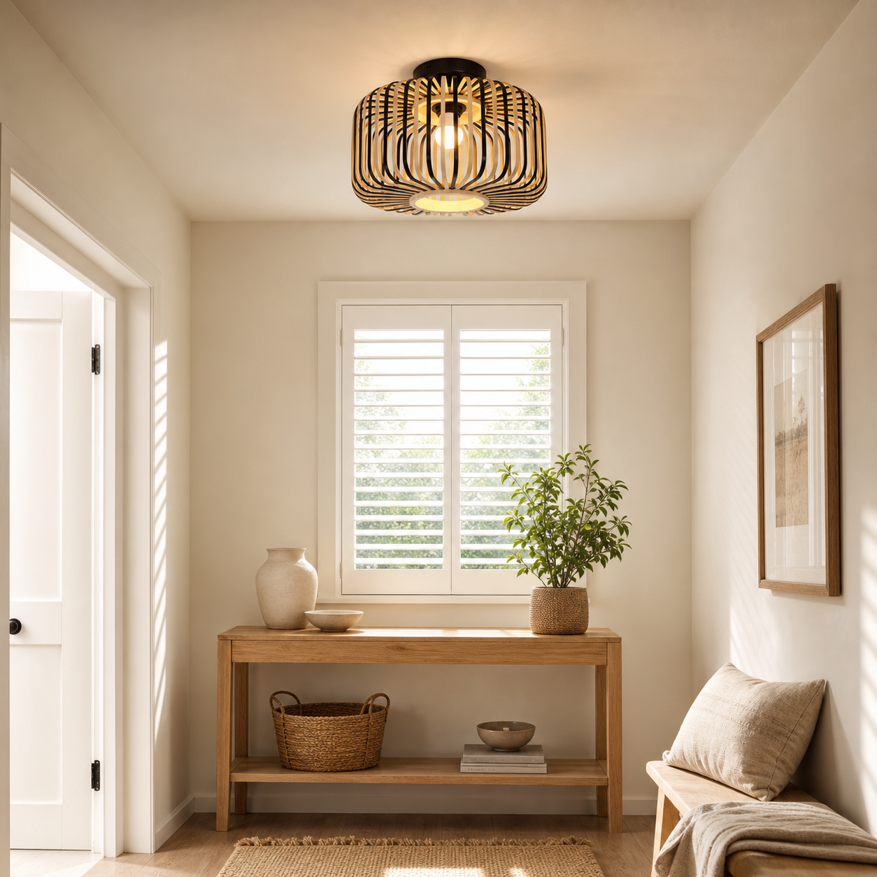 bamboo pendant light beside a bright window