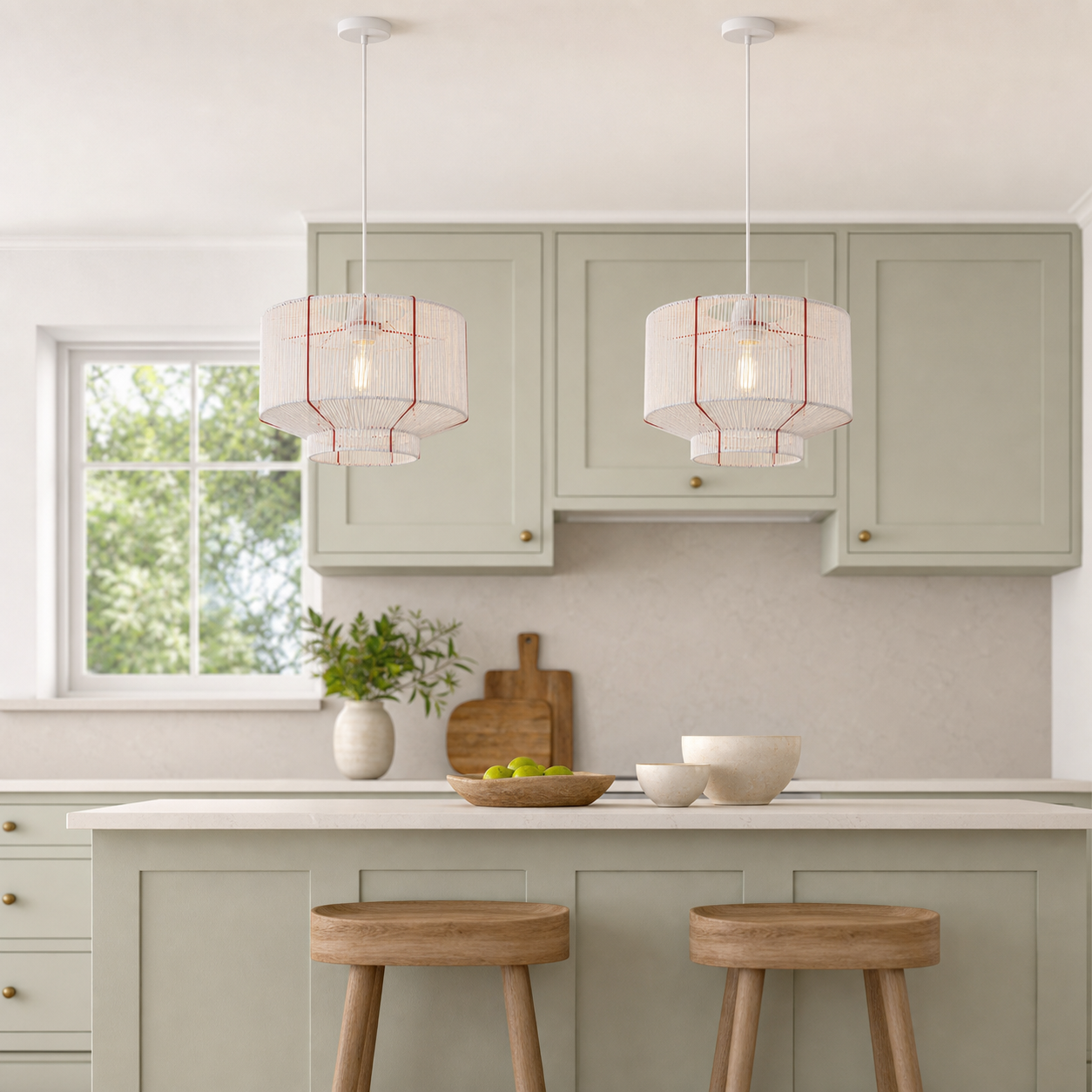 paper rope pendant light over a warm kitchen counter