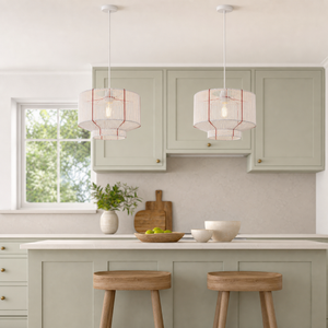 paper rope pendant light over a warm kitchen counter