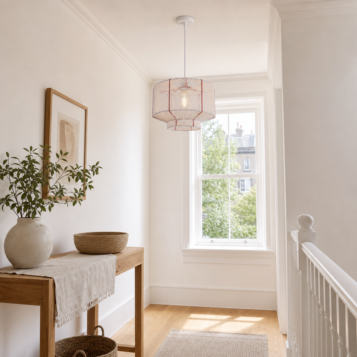 paper rope pendant light over a warm kitchen counter