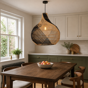 black rattan pendant light in a sunlit breakfast nook