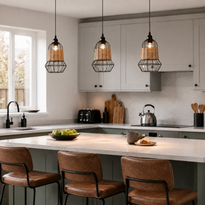 rattan iron pendant light beside a bright window