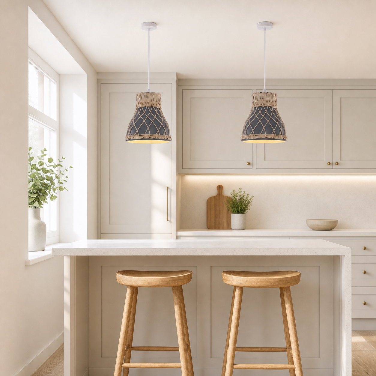 rattan pendant light above a bright dining table