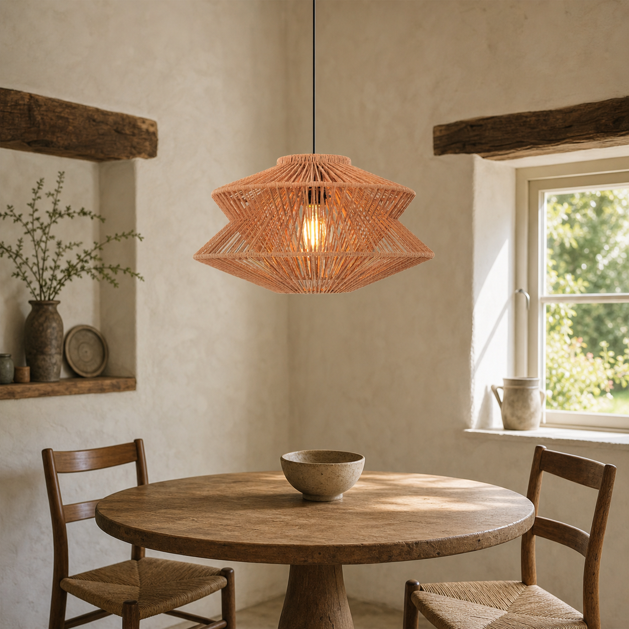 khaki brown paper rope pendant light over a warm kitchen counter
