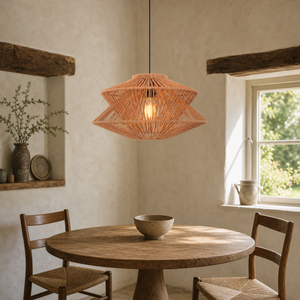 khaki brown paper rope pendant light over a warm kitchen counter