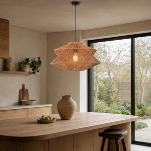 khaki brown paper rope pendant light in a sunlit breakfast nook