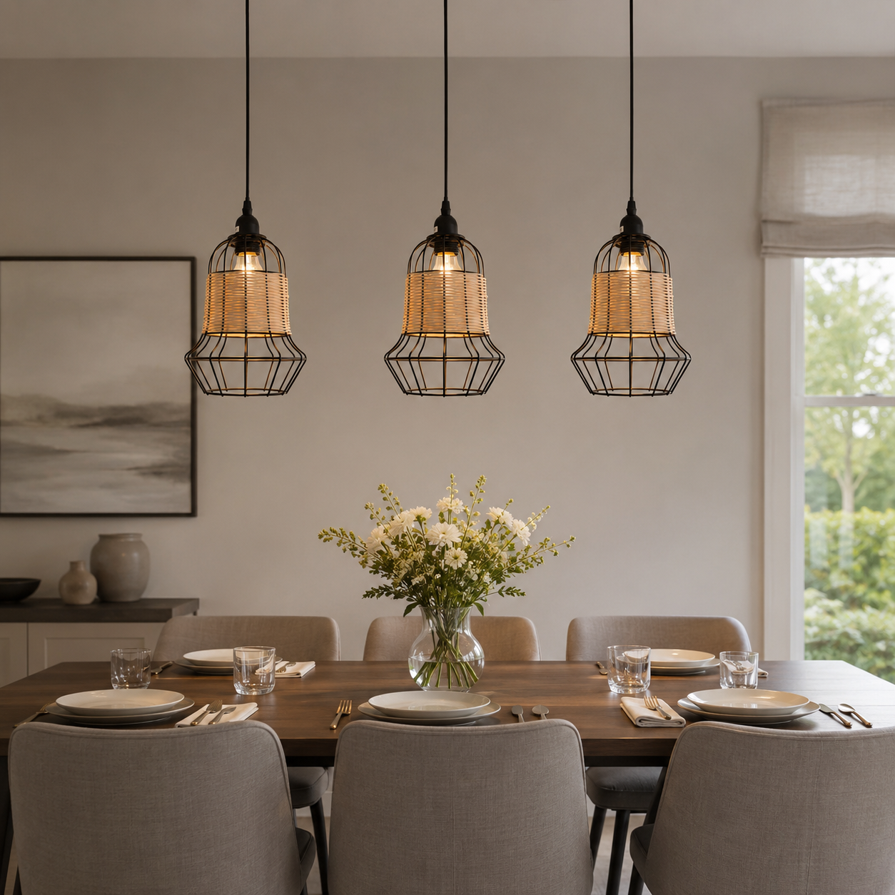 rattan iron pendant light in a calm bedroom corner