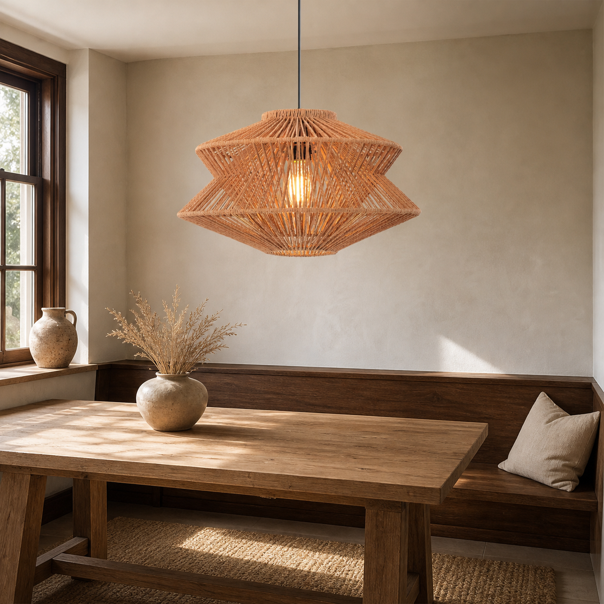 khaki brown paper rope pendant light beside a bright window