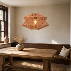 khaki brown paper rope pendant light beside a bright window
