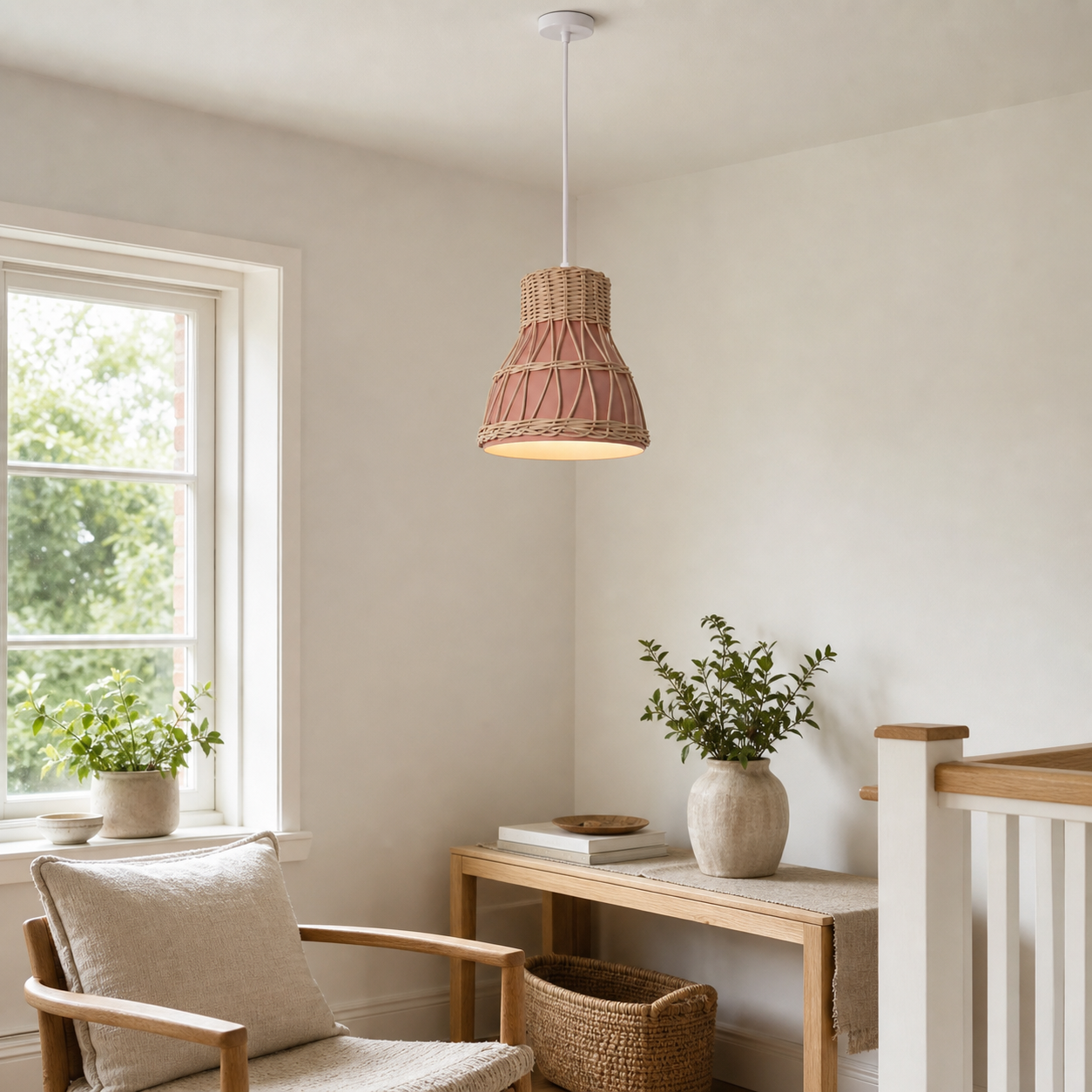 rattan pendant light above a bright dining table
