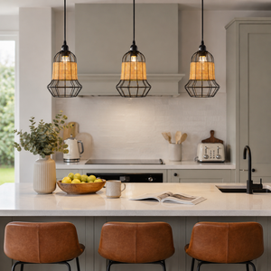 rattan iron pendant light above an open-plan dining space