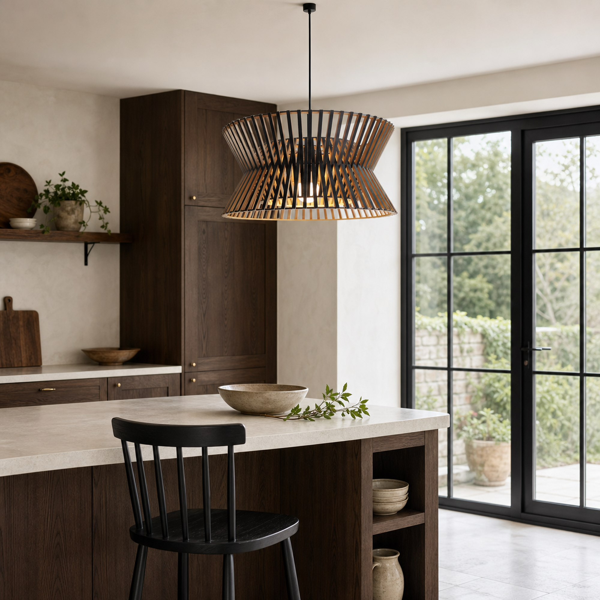 wood drum pendant light above a bright dining table