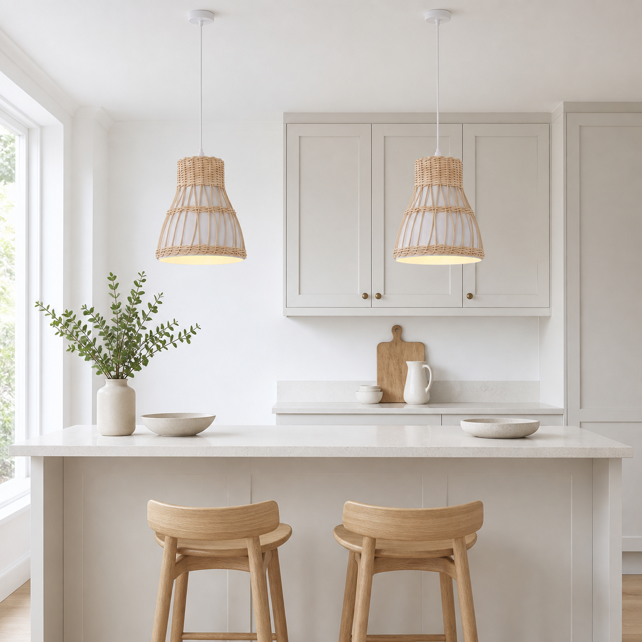 rattan pendant light above a bright dining table