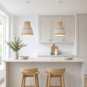 rattan pendant light above a bright dining table
