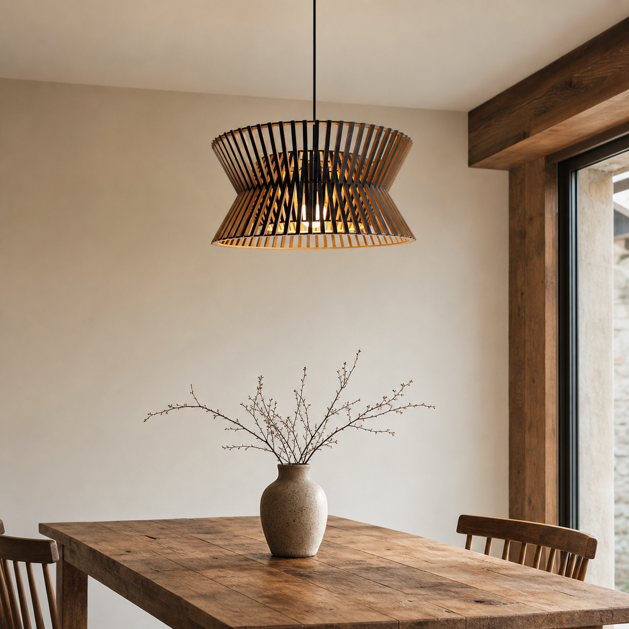 wood drum pendant light in a sunlit breakfast nook