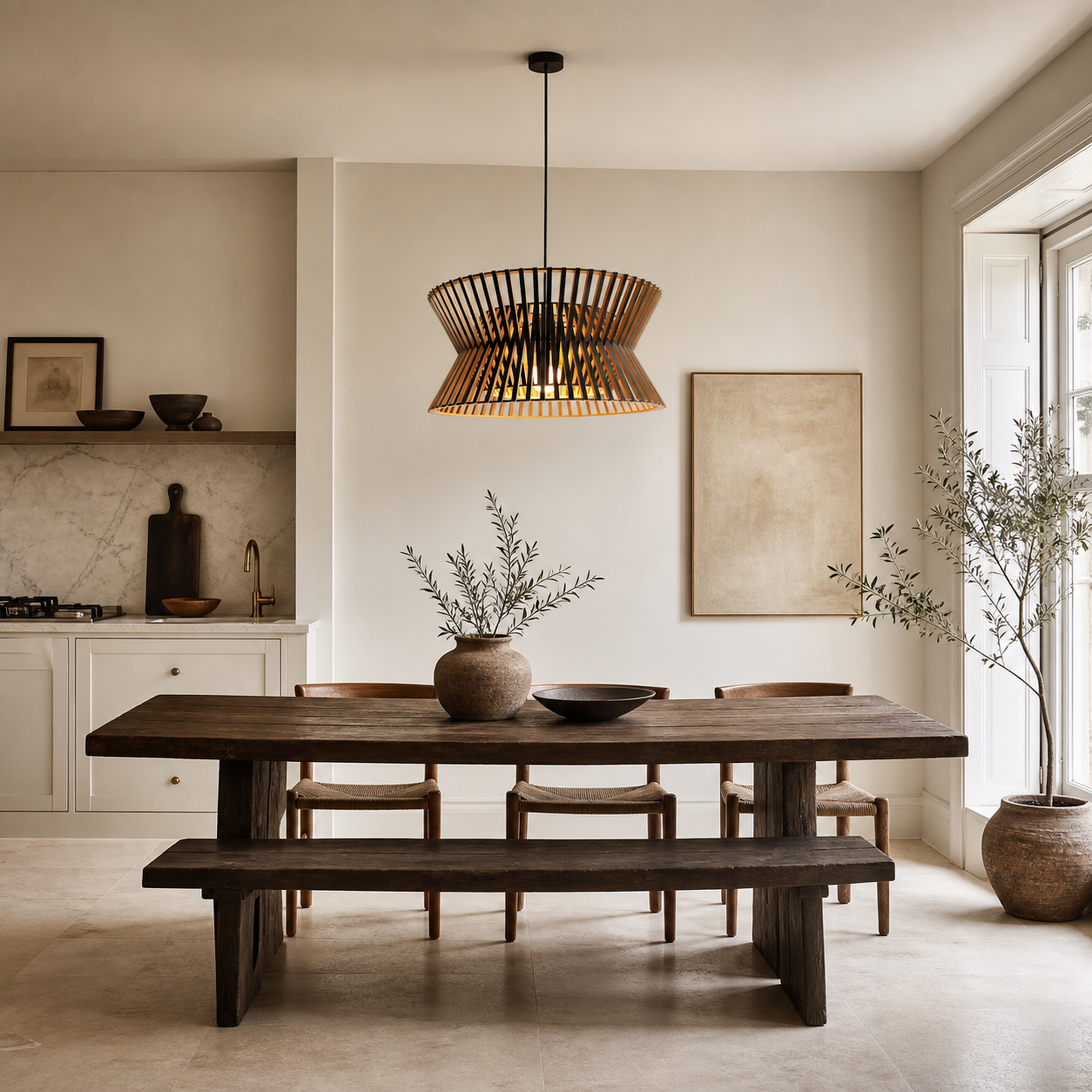 wood drum pendant light beside a bright window