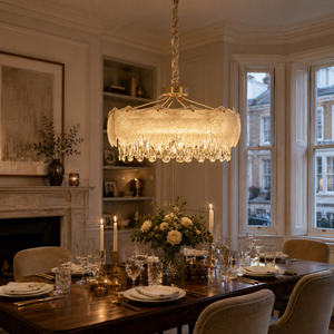 arvia-opulent gold crystal accents pendant light beside a bright window