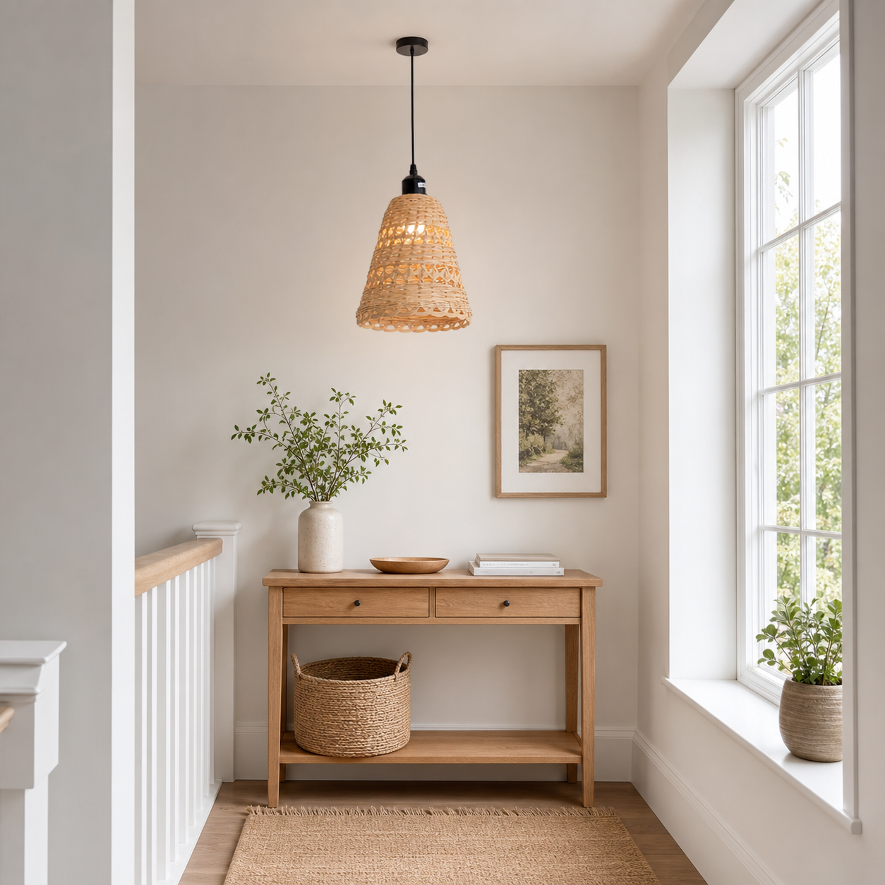 bamboo pendant light over a warm kitchen counter
