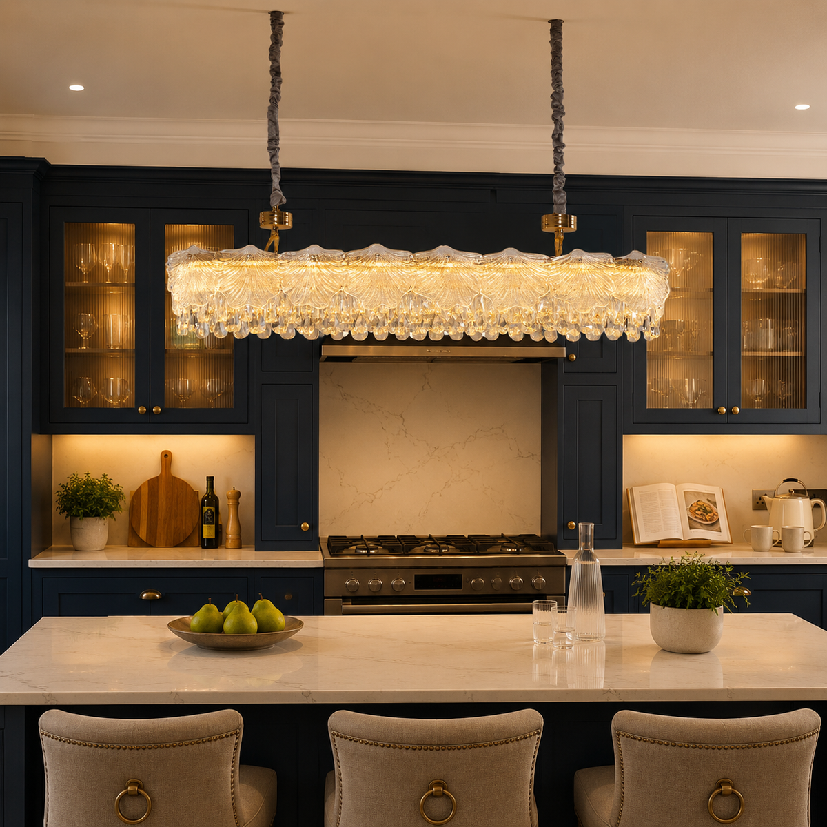 arvia-opulent gold crystal accents pendant light over a warm kitchen counter