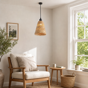 bamboo pendant light in a sunlit breakfast nook