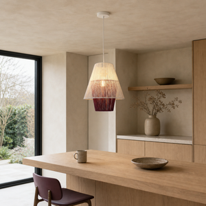 purple white paper rope pendant light in a sunlit breakfast nook