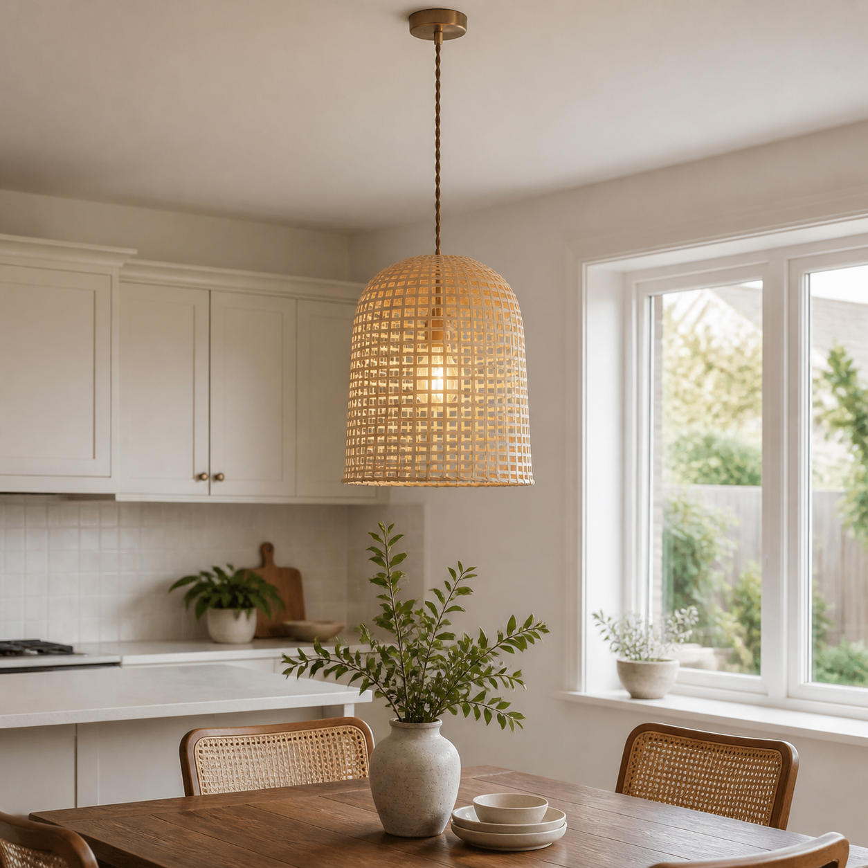 Warm bamboo shade pendant near a kitchen window