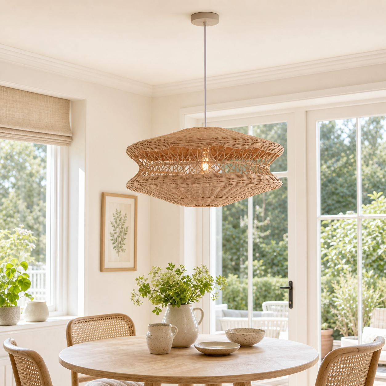 Layered wicker pendant light in a sunlit dining nook