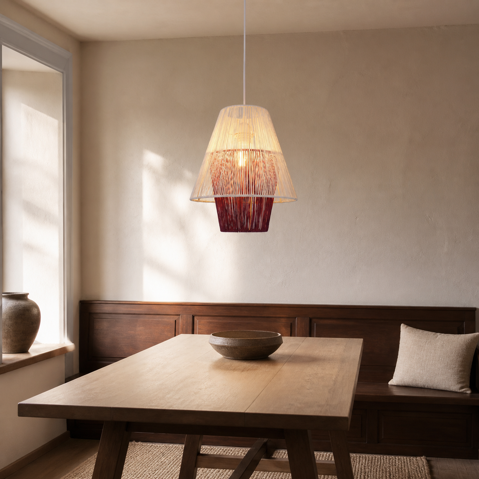 purple white paper rope pendant light beside a bright window
