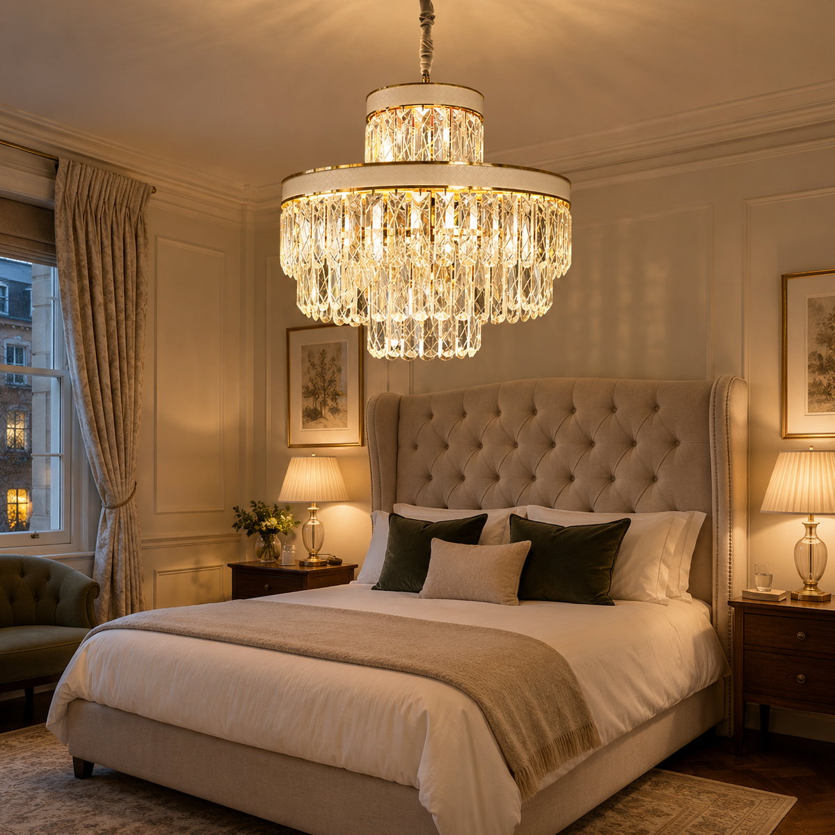 arvia-golden crystal radiance dimmable pendant light above a bright dining table