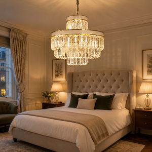 arvia-golden crystal radiance dimmable pendant light above a bright dining table