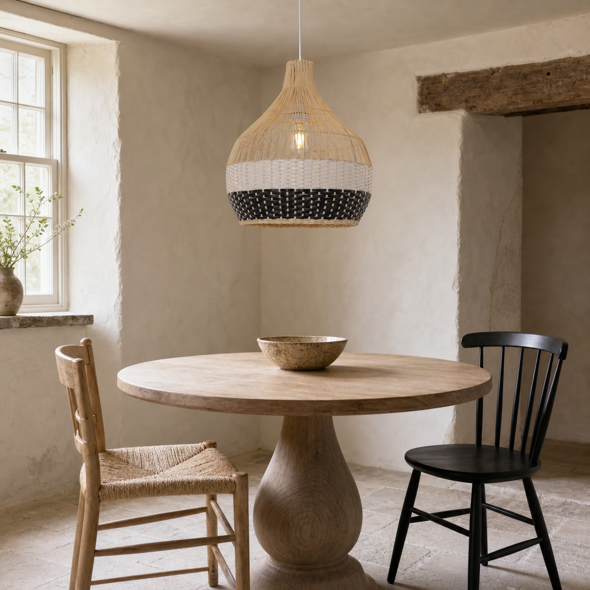 black white rattan pendant light over a warm kitchen counter