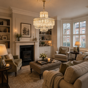 arvia-golden crystal radiance dimmable pendant light in a sunlit breakfast nook