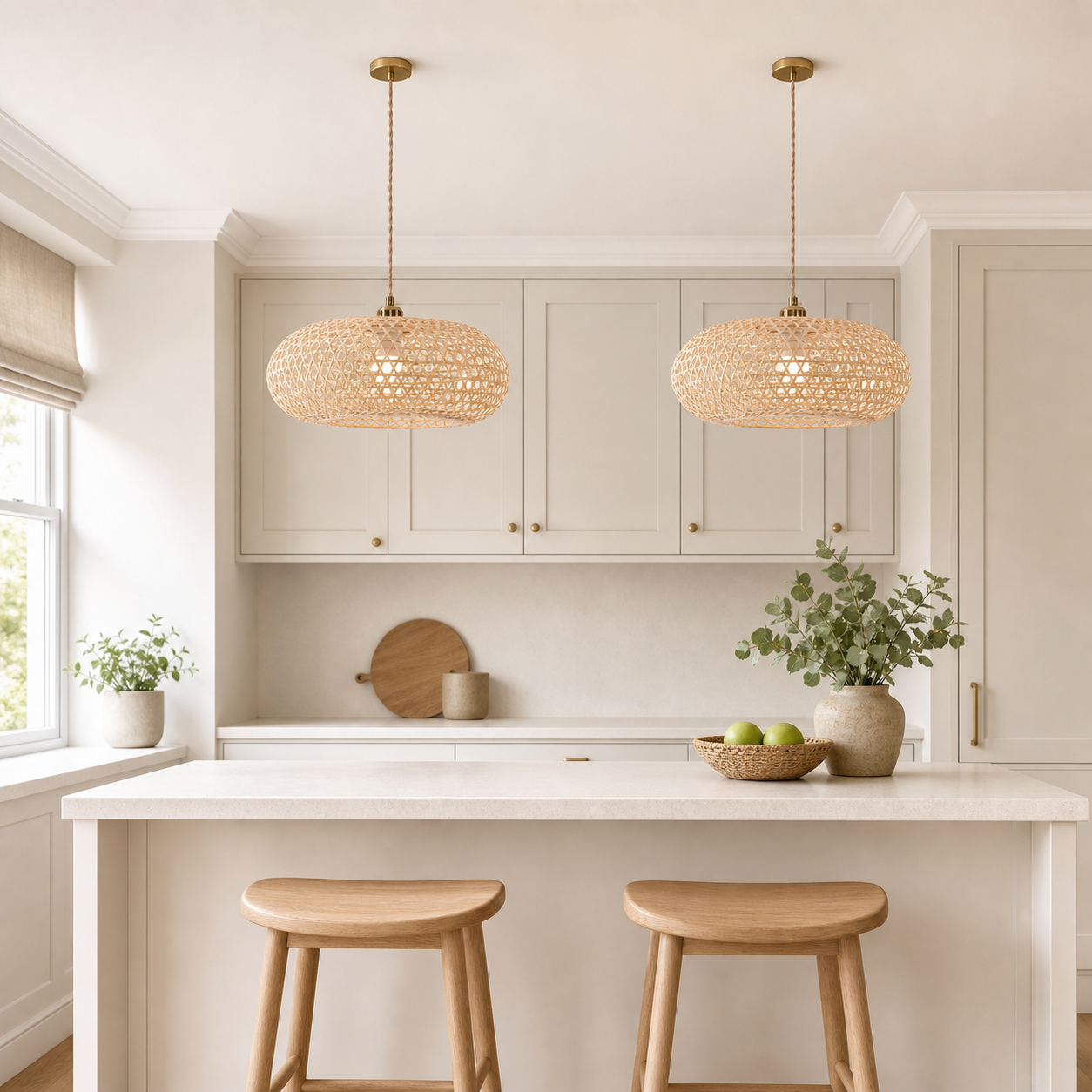bamboo pendant light above a bright dining table