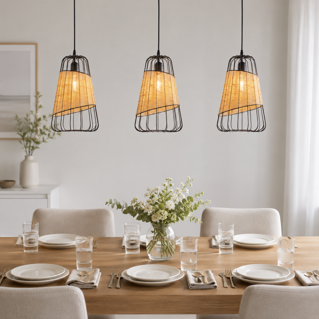 rattan iron lantern pendant light in a sunlit breakfast nook
