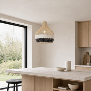 black white rattan pendant light in a sunlit breakfast nook