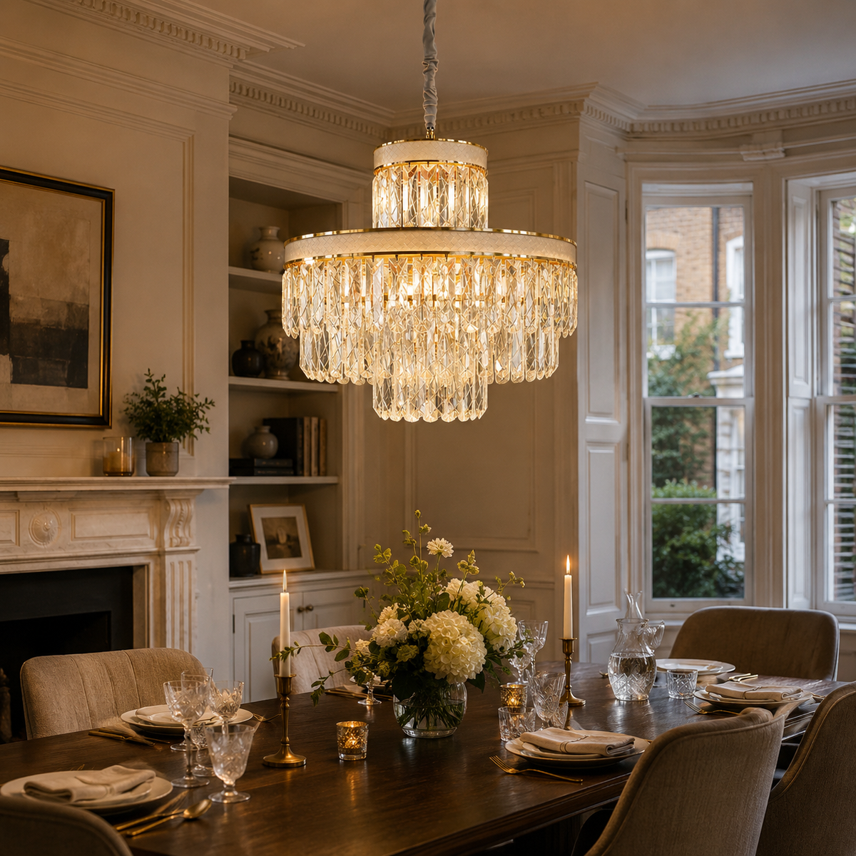 arvia-golden crystal radiance dimmable pendant light beside a bright window