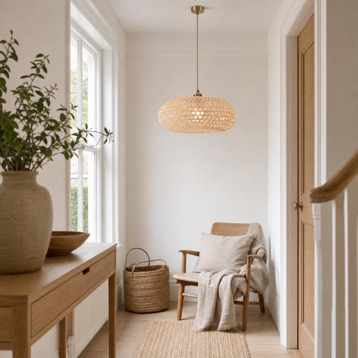 bamboo pendant light above a bright dining table