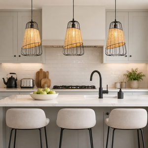 rattan iron lantern pendant light beside a bright window
