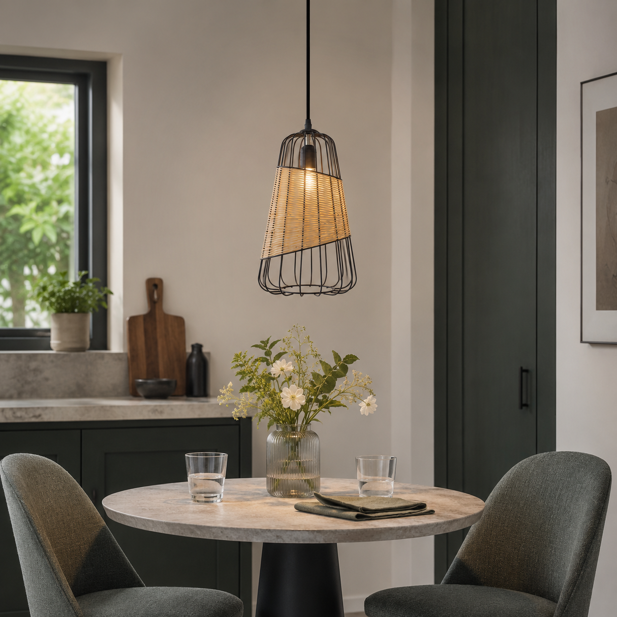 rattan iron lantern pendant light above a cozy living room table