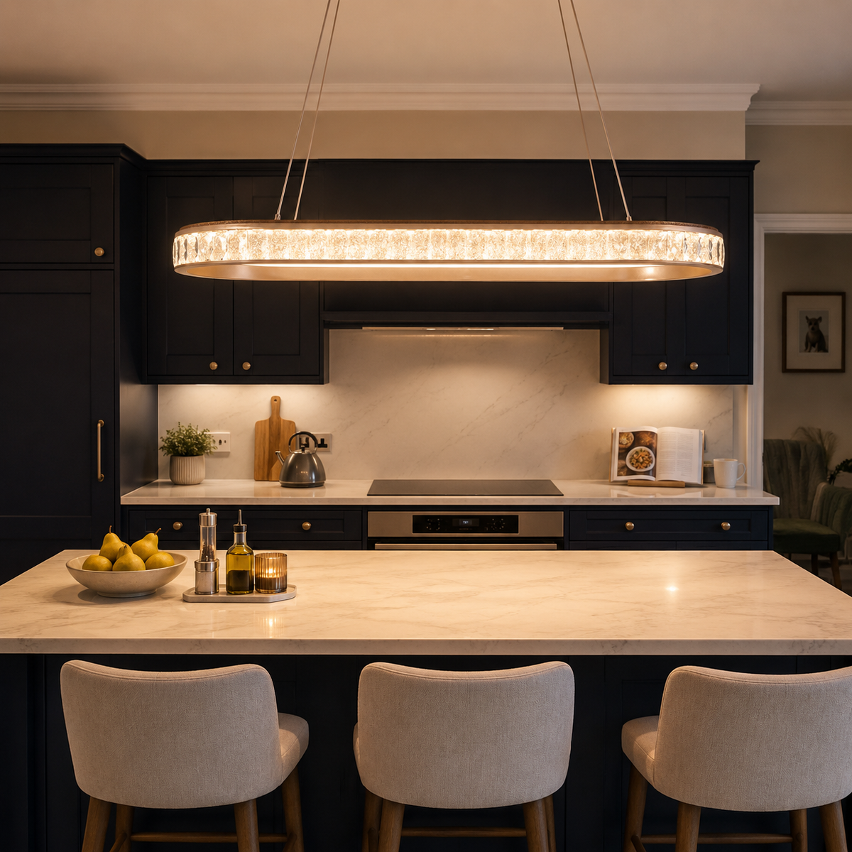 oval pendant light over a warm kitchen counter