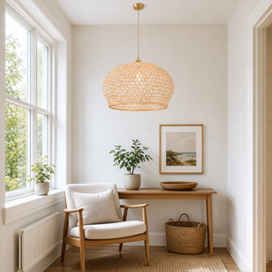 bamboo pendant light above a bright dining table
