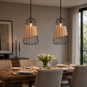 rattan iron lantern pendant light over a wooden dining table