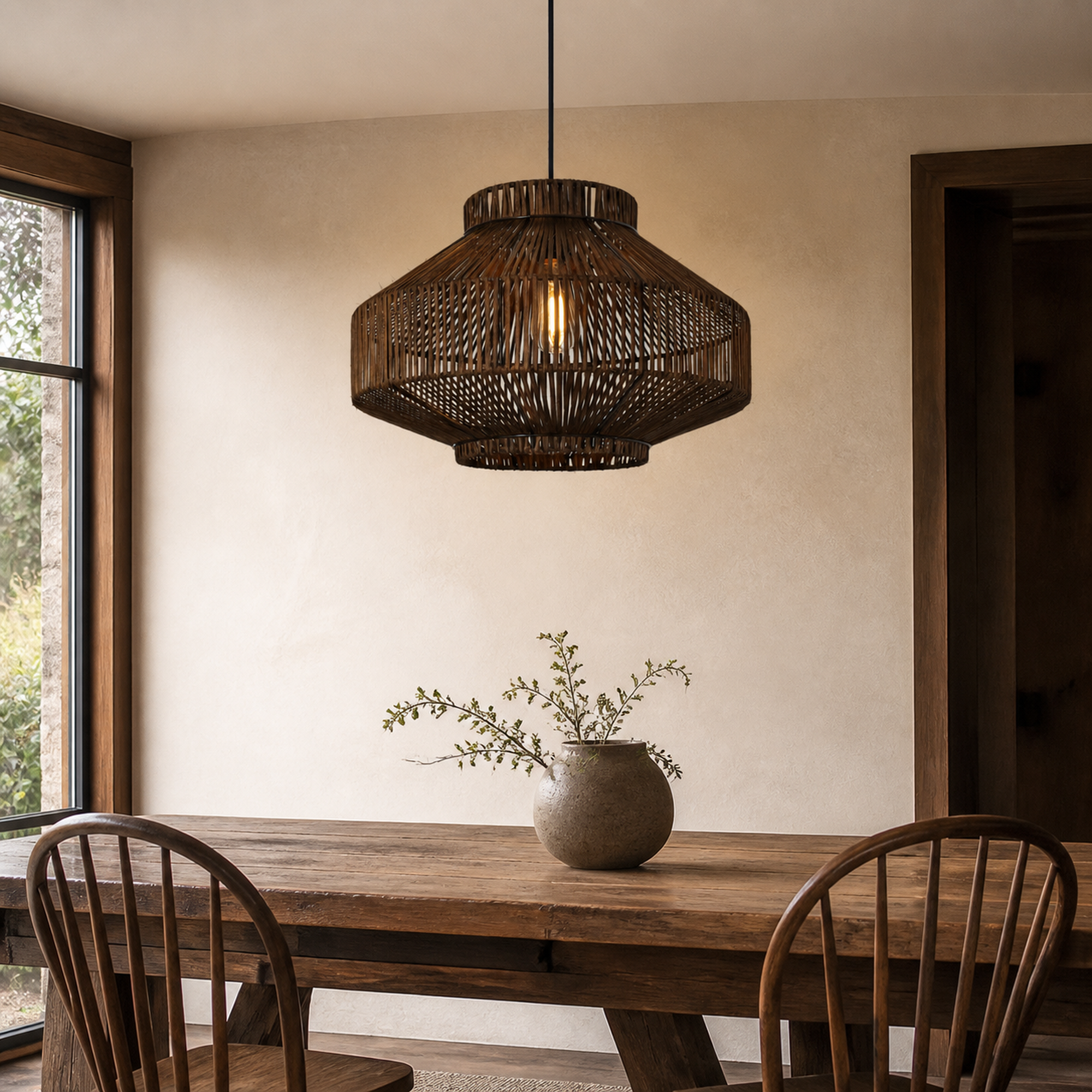 rattan pendant light in a sunlit breakfast nook