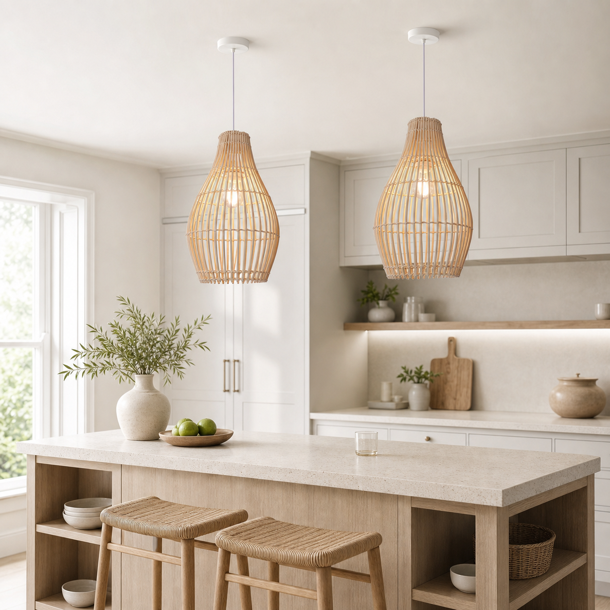 bamboo rattan pendant light above a bright dining table