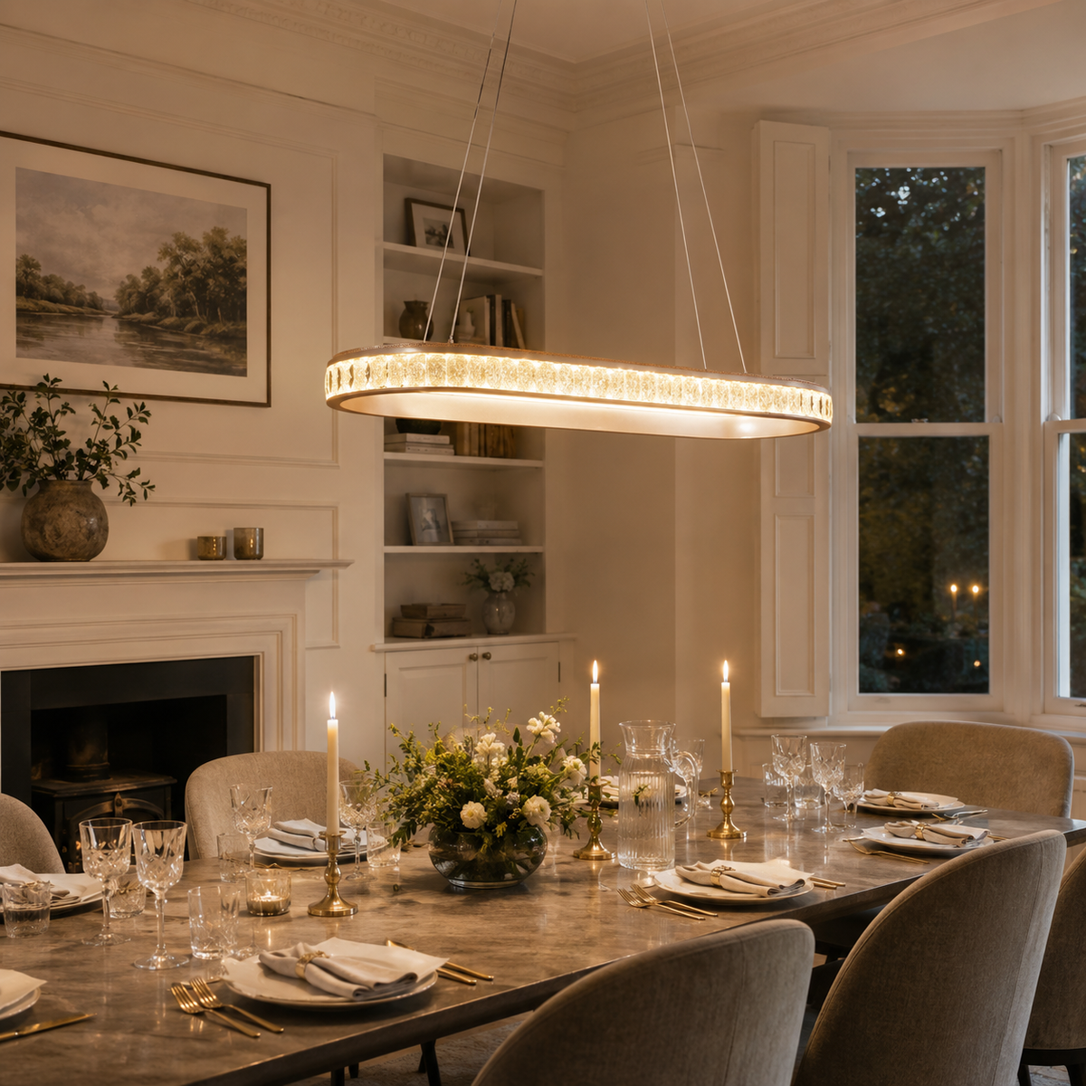 oval pendant light beside a bright window