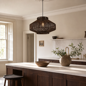 rattan pendant light beside a bright window