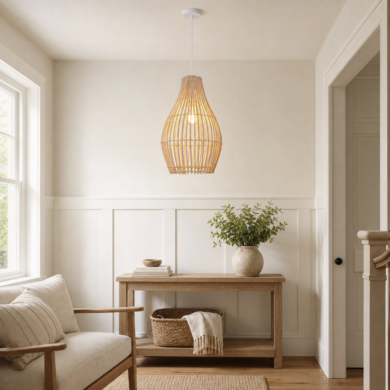 bamboo rattan pendant light above a bright dining table