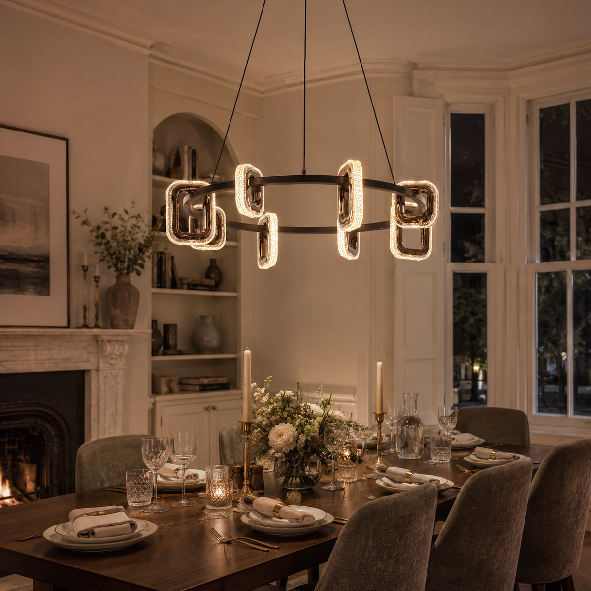 gold geometric led acrylic pendant light above a bright dining table