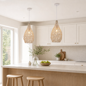bamboo rattan pendant light above a bright dining table