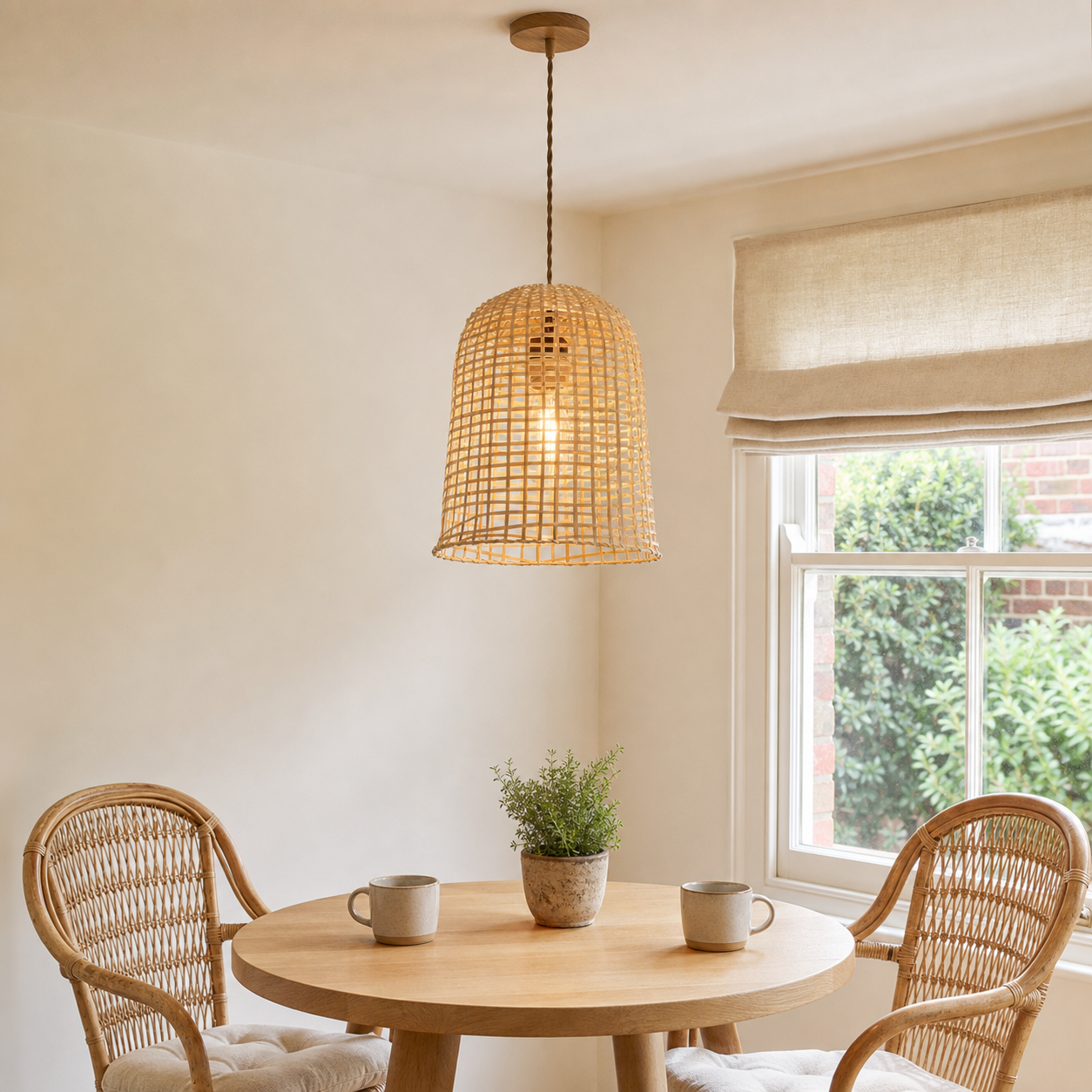 Natural bamboo pendant over a round breakfast table